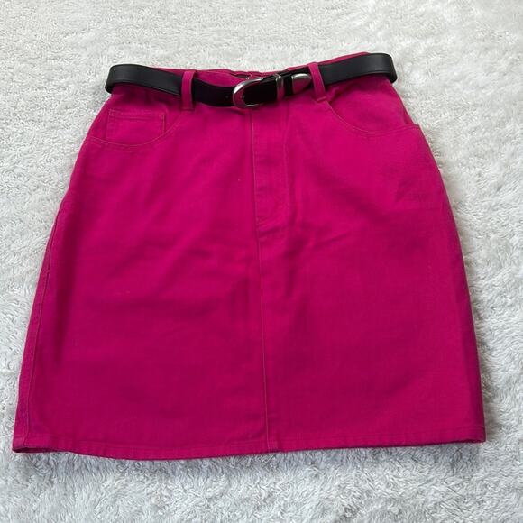 Vintage 80s Jeanjer Jeans Jordache hot pink belted jean skirt, size 13 or14 - Picture 1 of 7